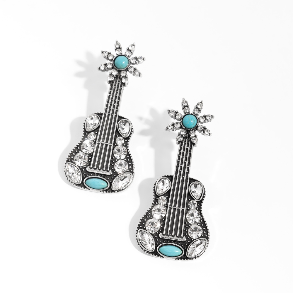 Guitar Shaped Earrings with Turquoise Accents Country Comeback Blue Post Fashion